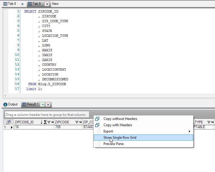 Aginity Show Single Row Grid